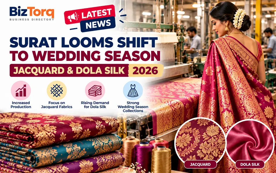 High-speed rapier jacquard looms weaving bridal metallic fabric in a Surat weaving shed