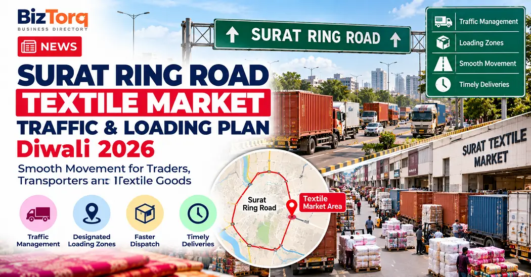 Ring road textile wholesale market street with tempos and parcel loading in Surat