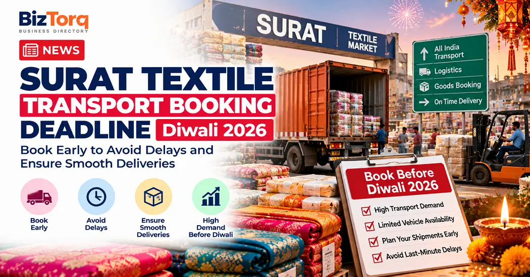 Textile transport truck and parcel loading at a Surat wholesale market godown